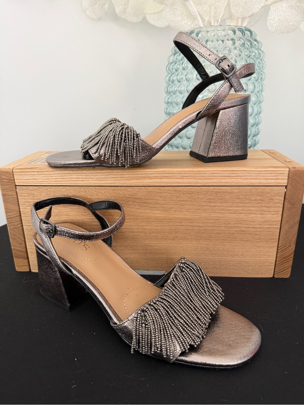 Chico’s Lisa Metallic pewter Beaded Block Heel Sandals -